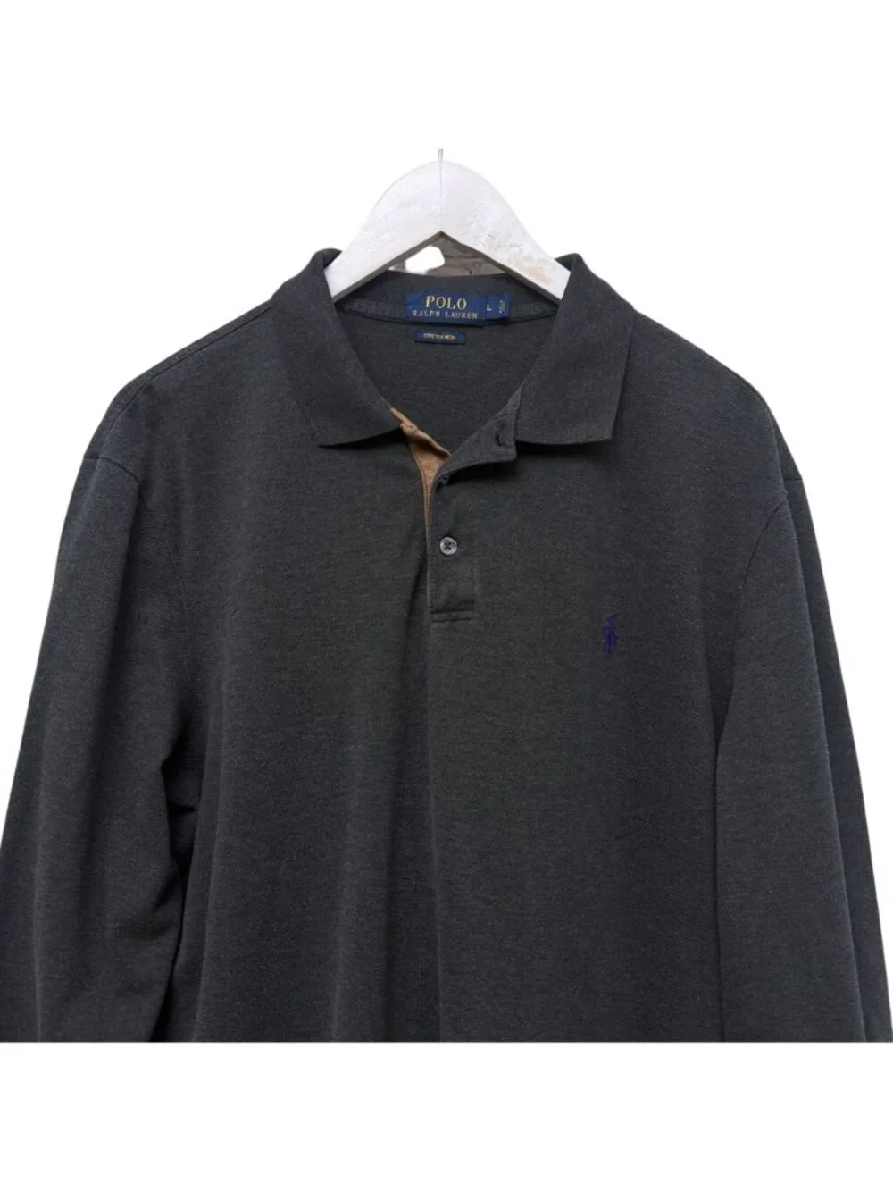 POLO Ralph Lauren Long Sleeve Polo Shirt Large Gray w/ Purple Pony Pique Suede
